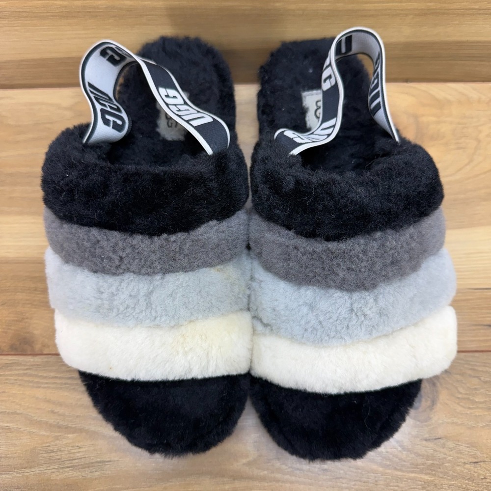 UGG Fluff Yeah Shearling Fur Slingback Slipper 8 Tri Color Black Sherpa Platform